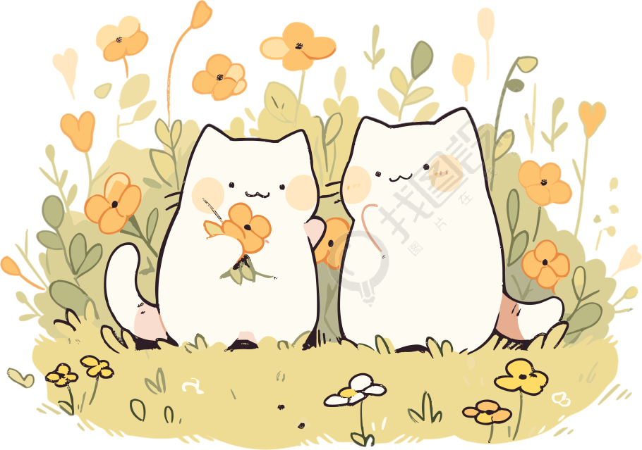 清新花园中两只可爱猫咪的简约插图