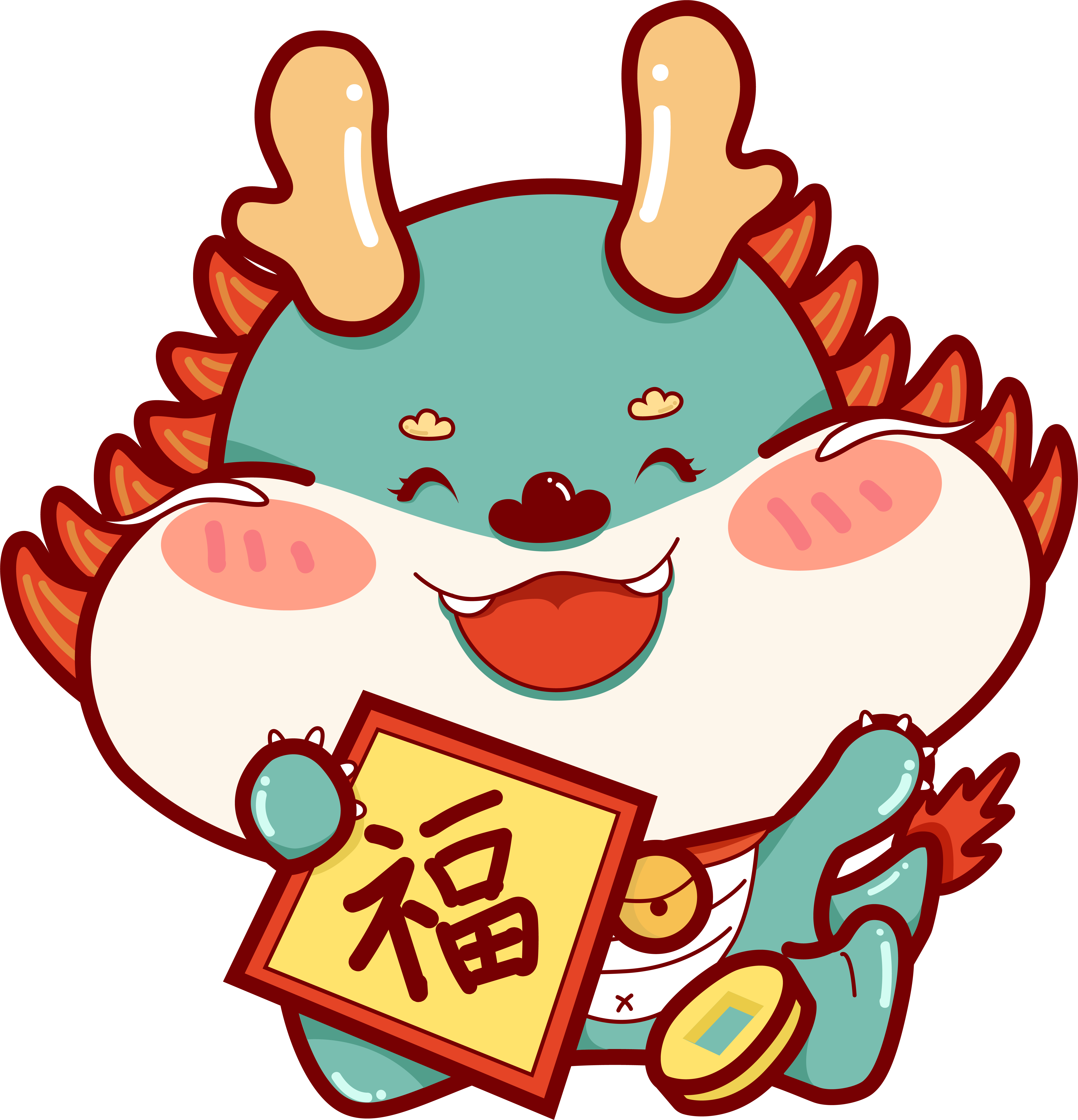 手拿福字春联的中国龙手绘素材