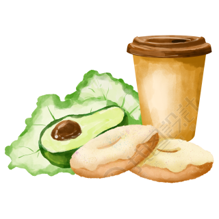 透明背景咖啡杯牛油果甜甜圈美味插画