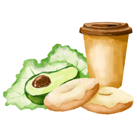 透明背景咖啡杯牛油果甜甜圈美味插画