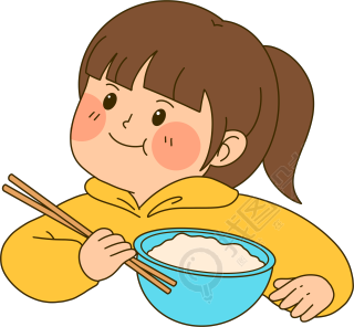 开心吃饭的可爱女孩手绘插图