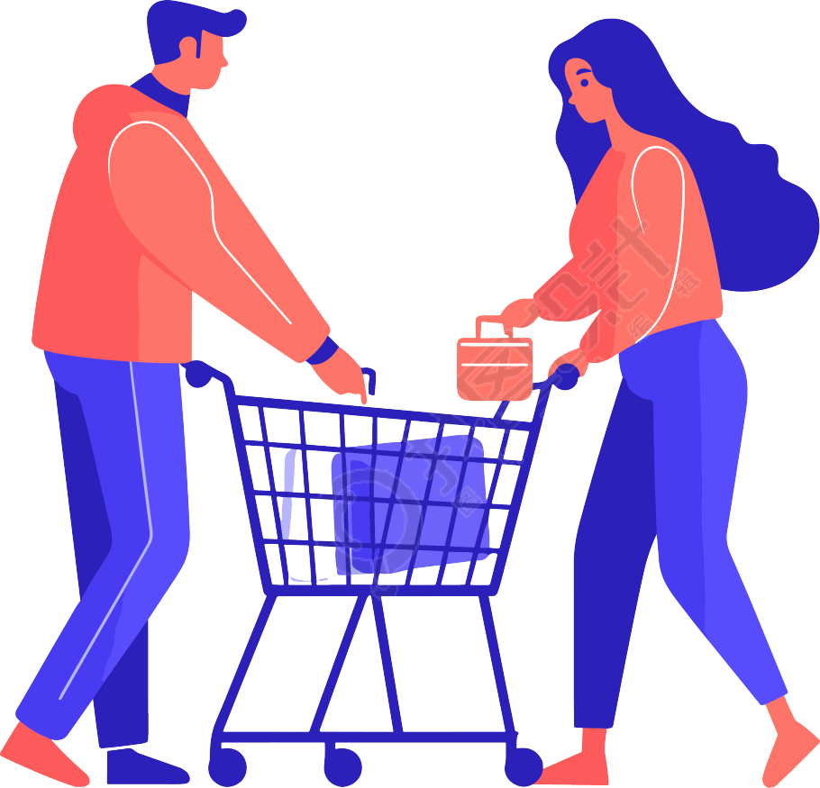 买东西的男生女生简洁矢量插图