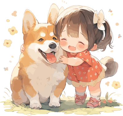 可爱小女孩和圆滚滚的狗狗开心的插画
