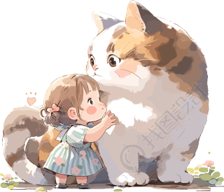 可爱动物陪伴小女孩彩绘插图