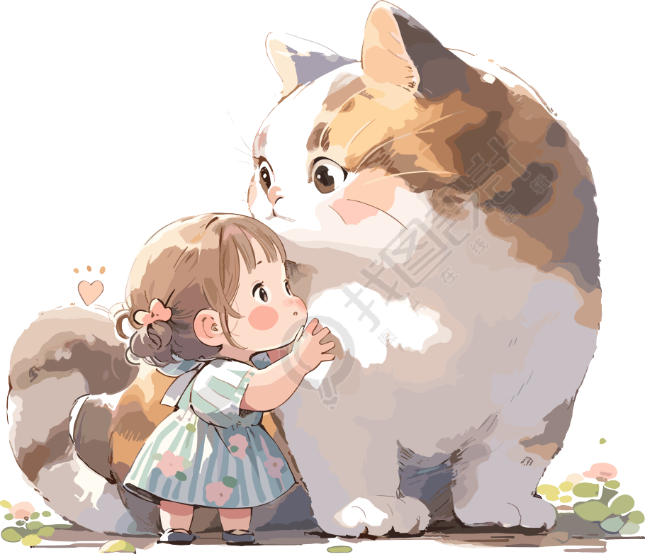 可爱动物陪伴小女孩彩绘插图