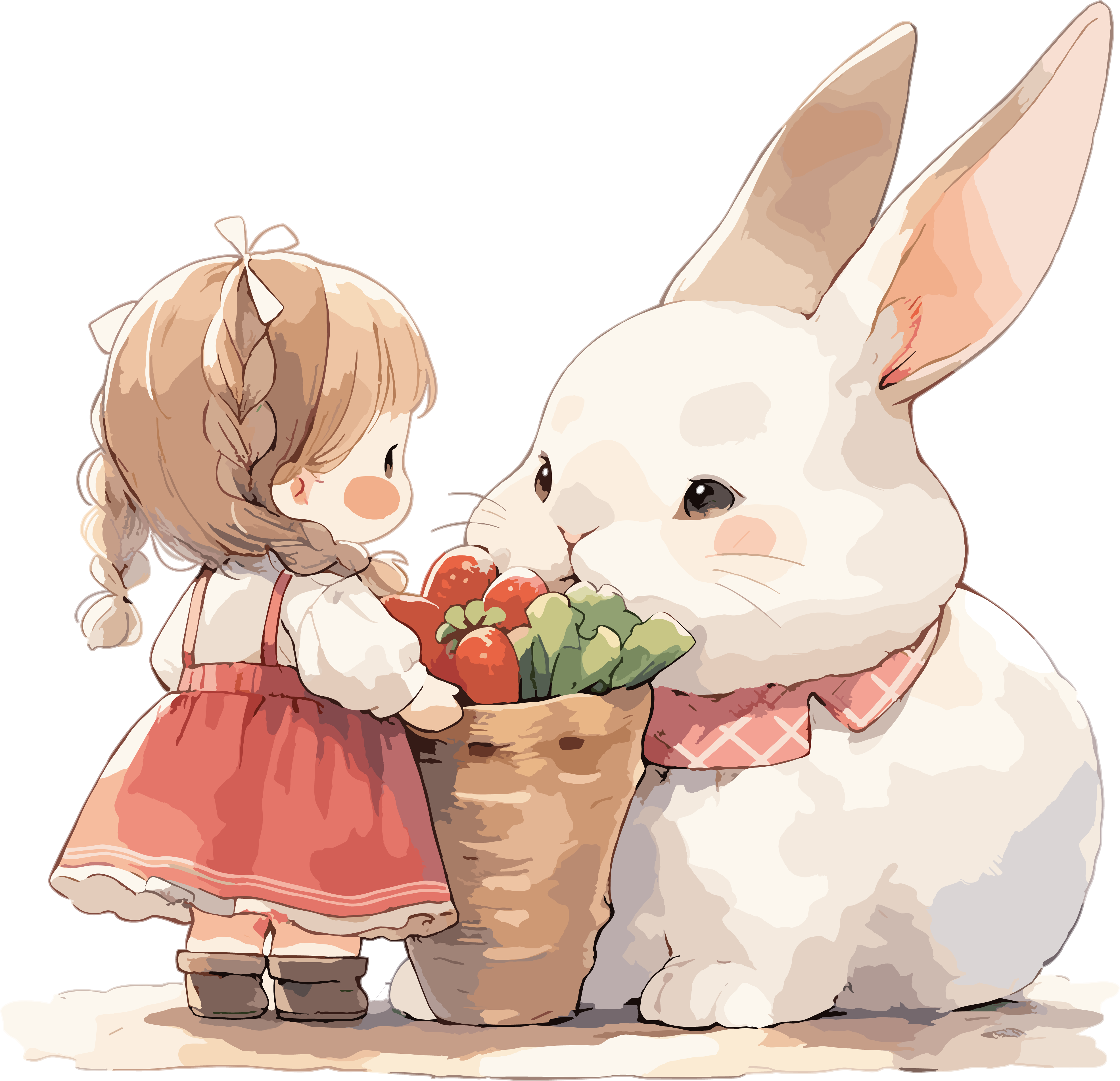 连衣裙小女孩和白兔可爱简笔画水彩素材