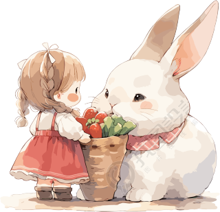 连衣裙小女孩和白兔可爱简笔画水彩素材