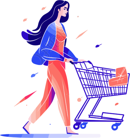 简约女生推购物车购物矢量图