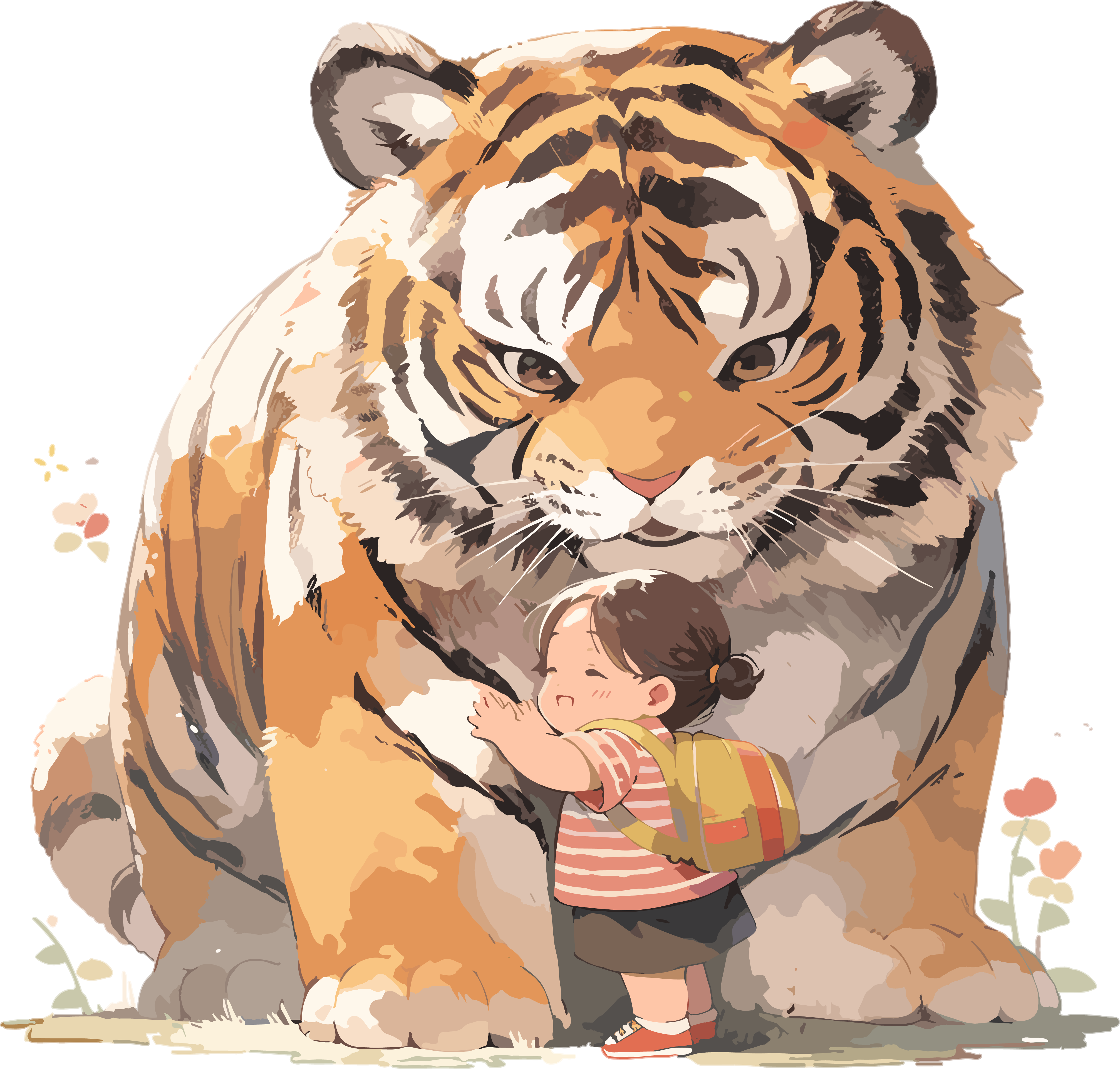 搞怪小老虎和可爱小女孩插画PNG