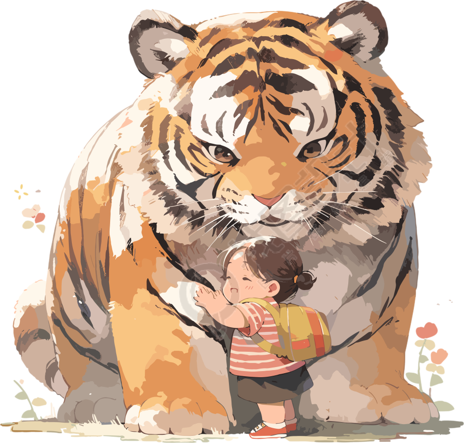 搞怪小老虎和可爱小女孩插画PNG