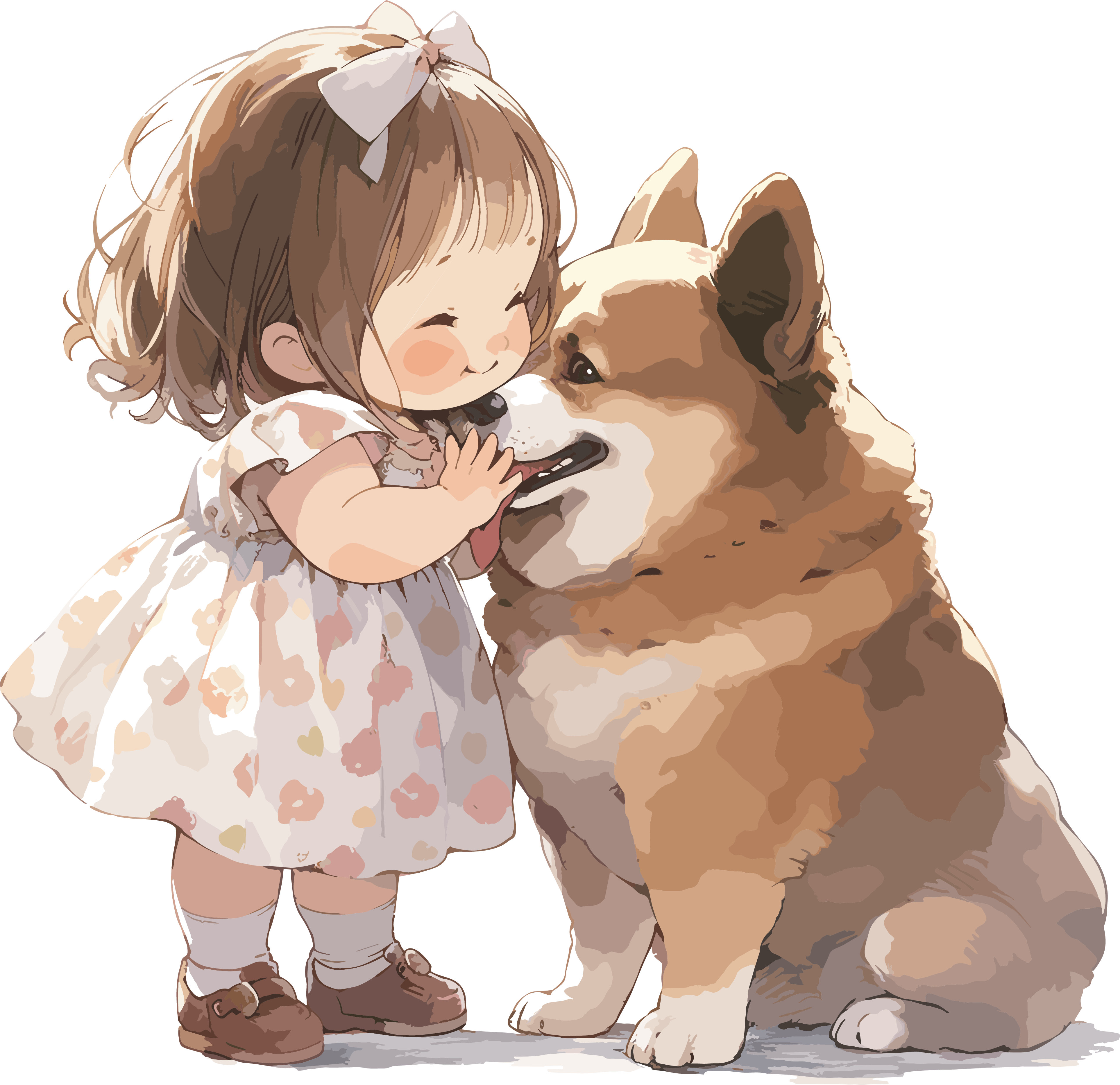 可爱卡通小女孩和胖嘟嘟狗狗剪贴画设计素材
