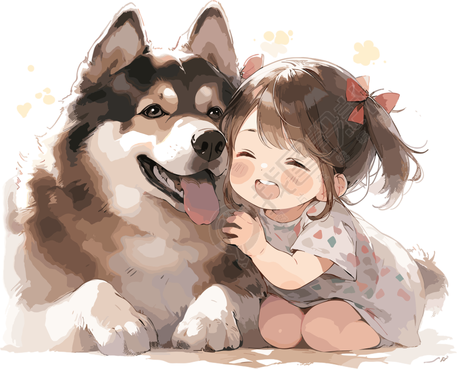 女孩和狗狗可爱插画设计素材