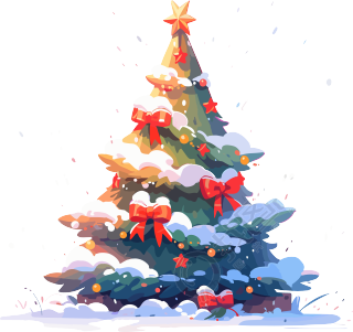 落雪的圣诞树红色蝴蝶结插图
