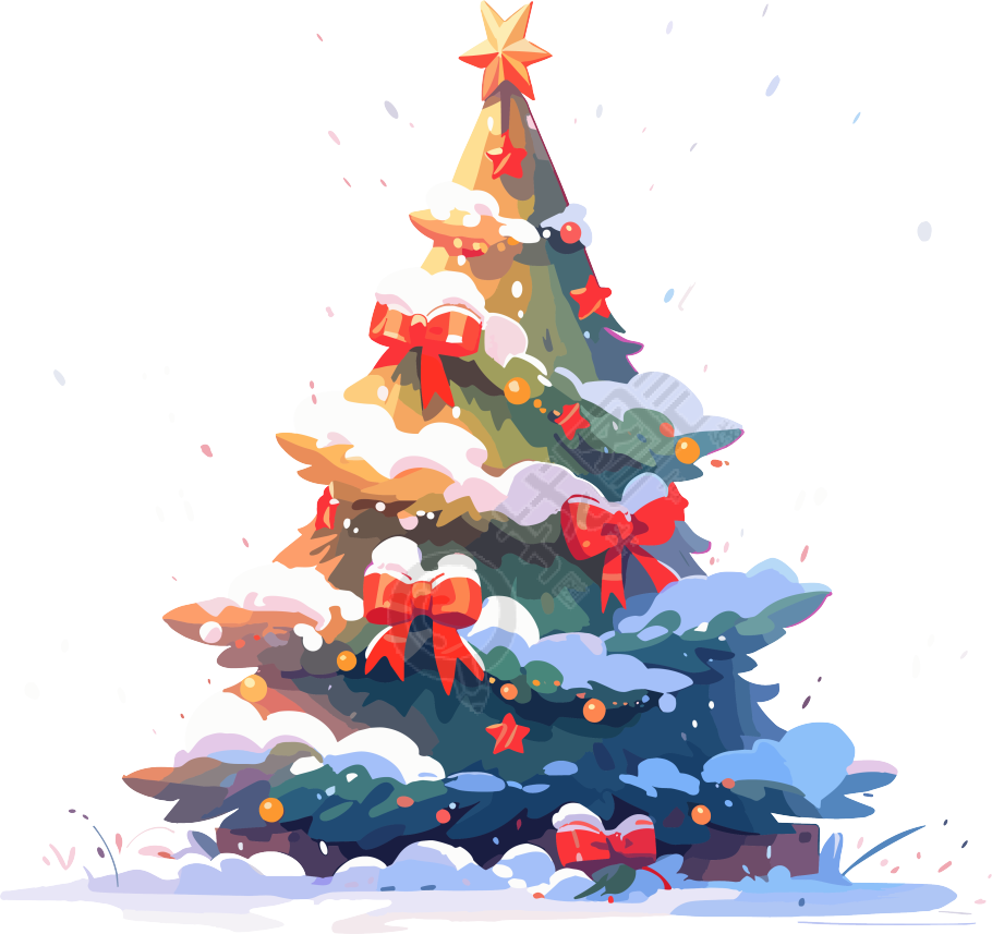 落雪的圣诞树红色蝴蝶结插图