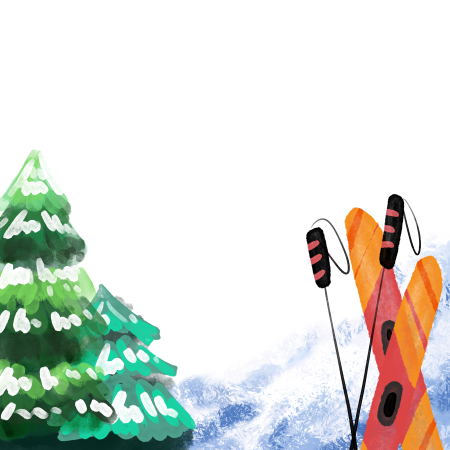 冬日滑雪落雪的松树和滑雪板插画