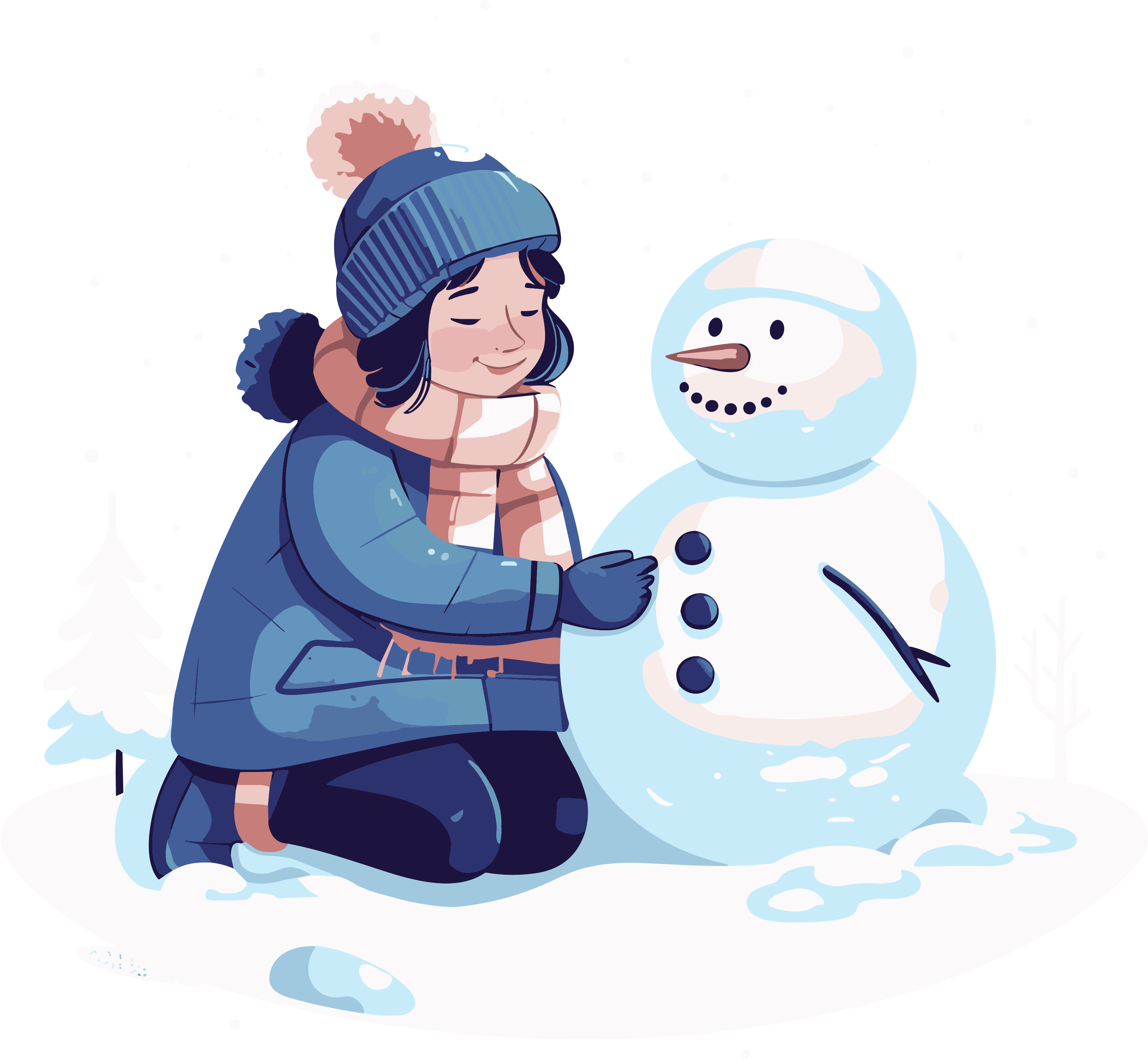 卡通风格堆雪人的小女孩插画