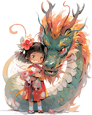 可爱的中国龙与小女孩插图