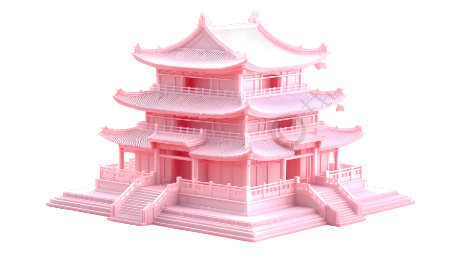 粉色玻璃感新中式建筑插图