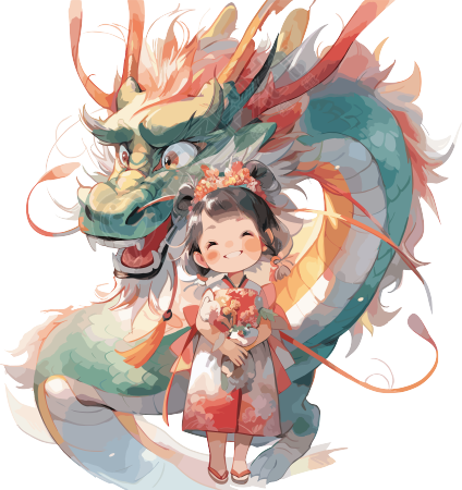 中国龙和小女孩彩色服装插图
