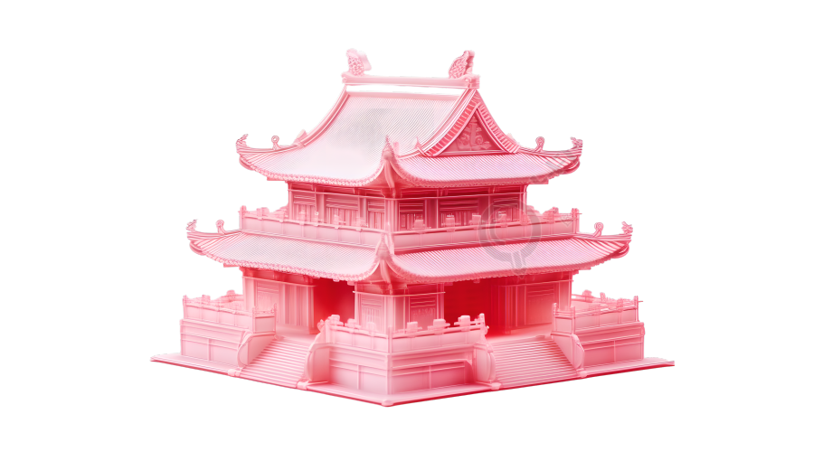 古代风格中国阁楼果冻积木模型插画