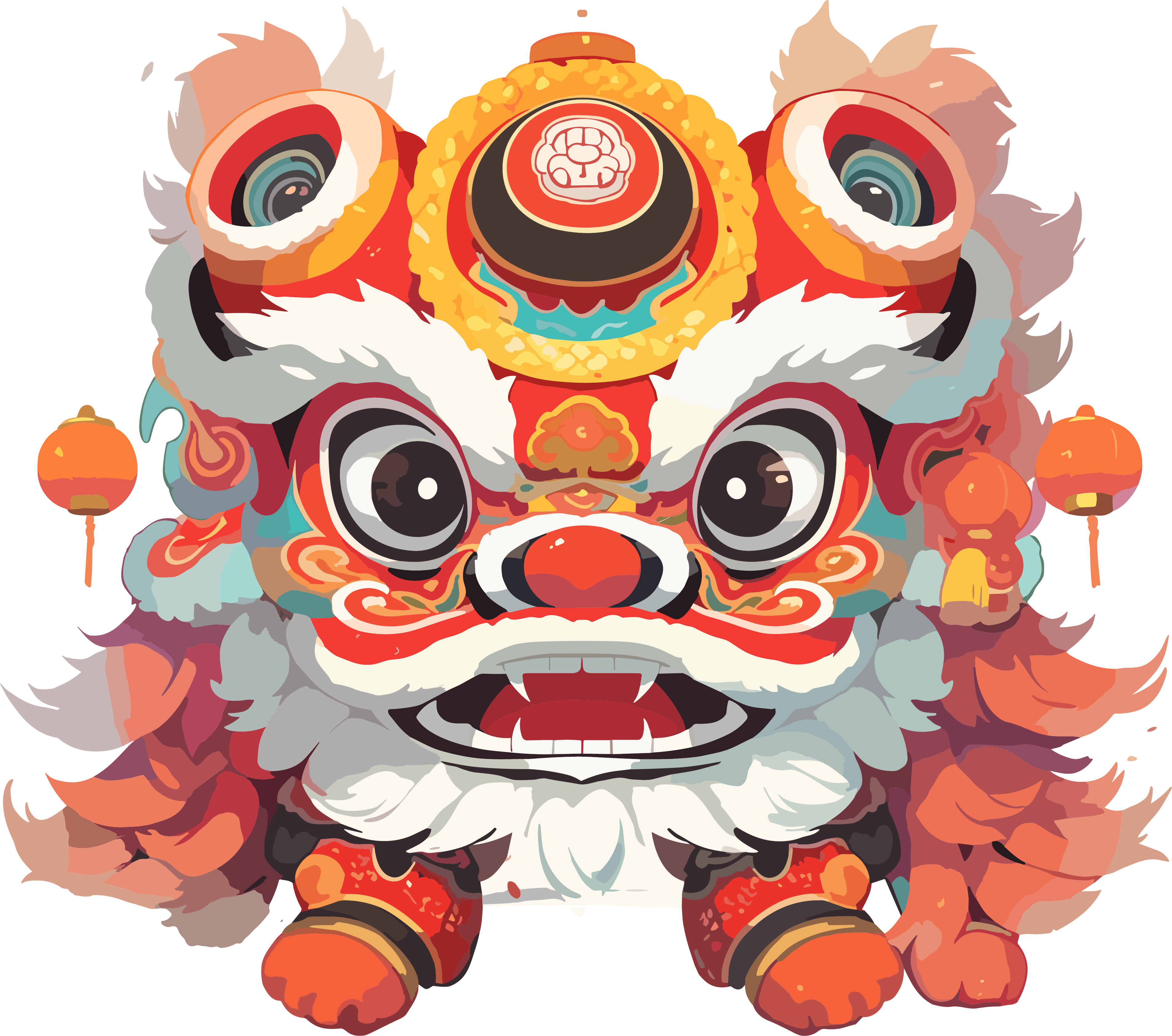 彩色逼真风格的中国新年舞狮插图