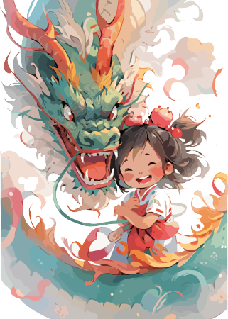 中国龙和小女孩水彩绘画插图