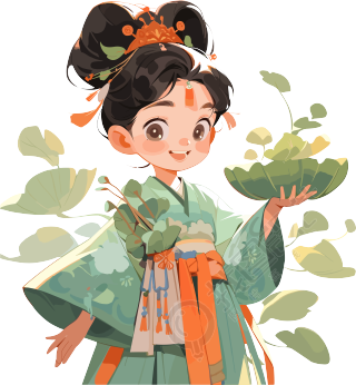 8岁可爱的中国汉服女孩插画