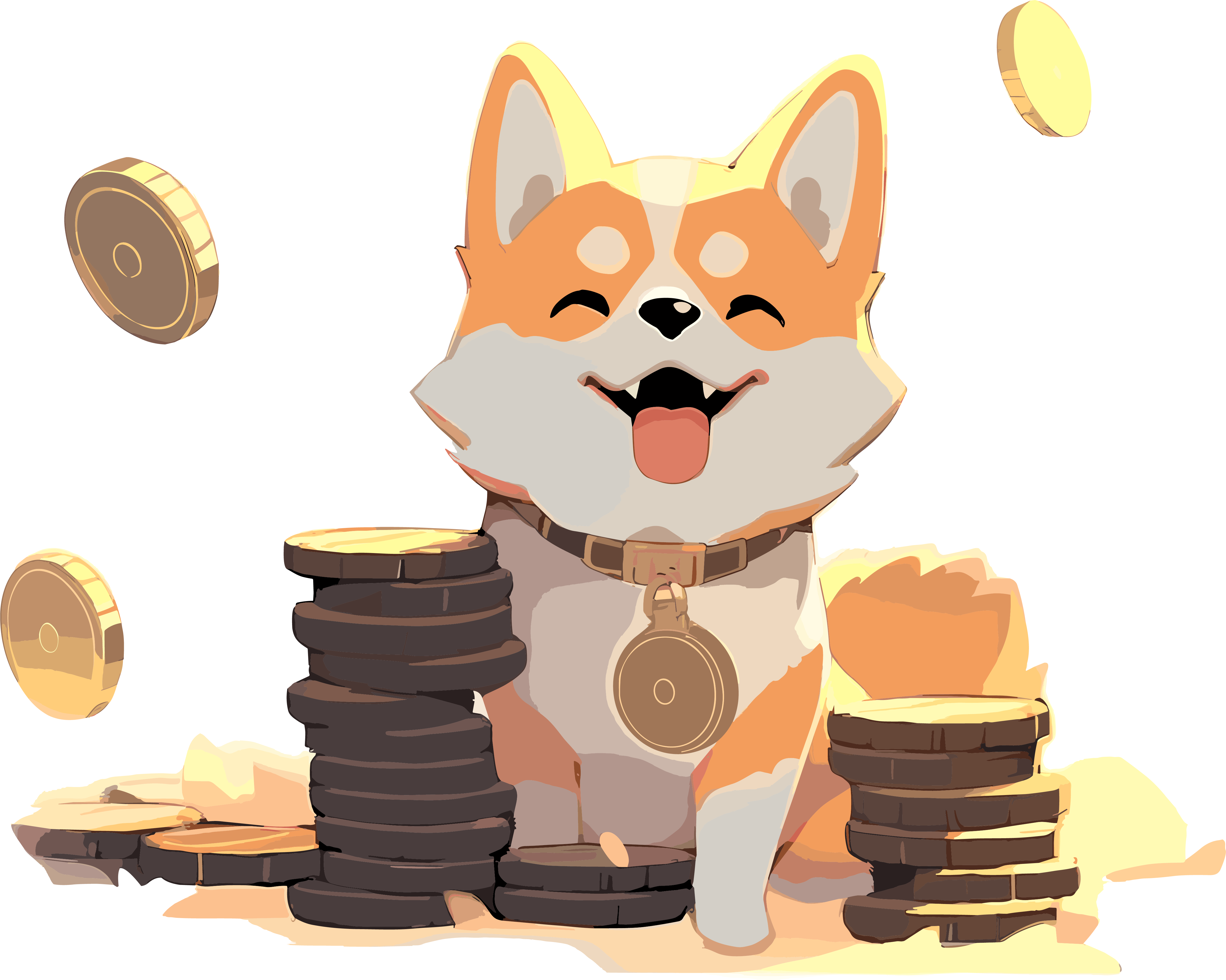 金币旁边的柴犬火柴狗素材