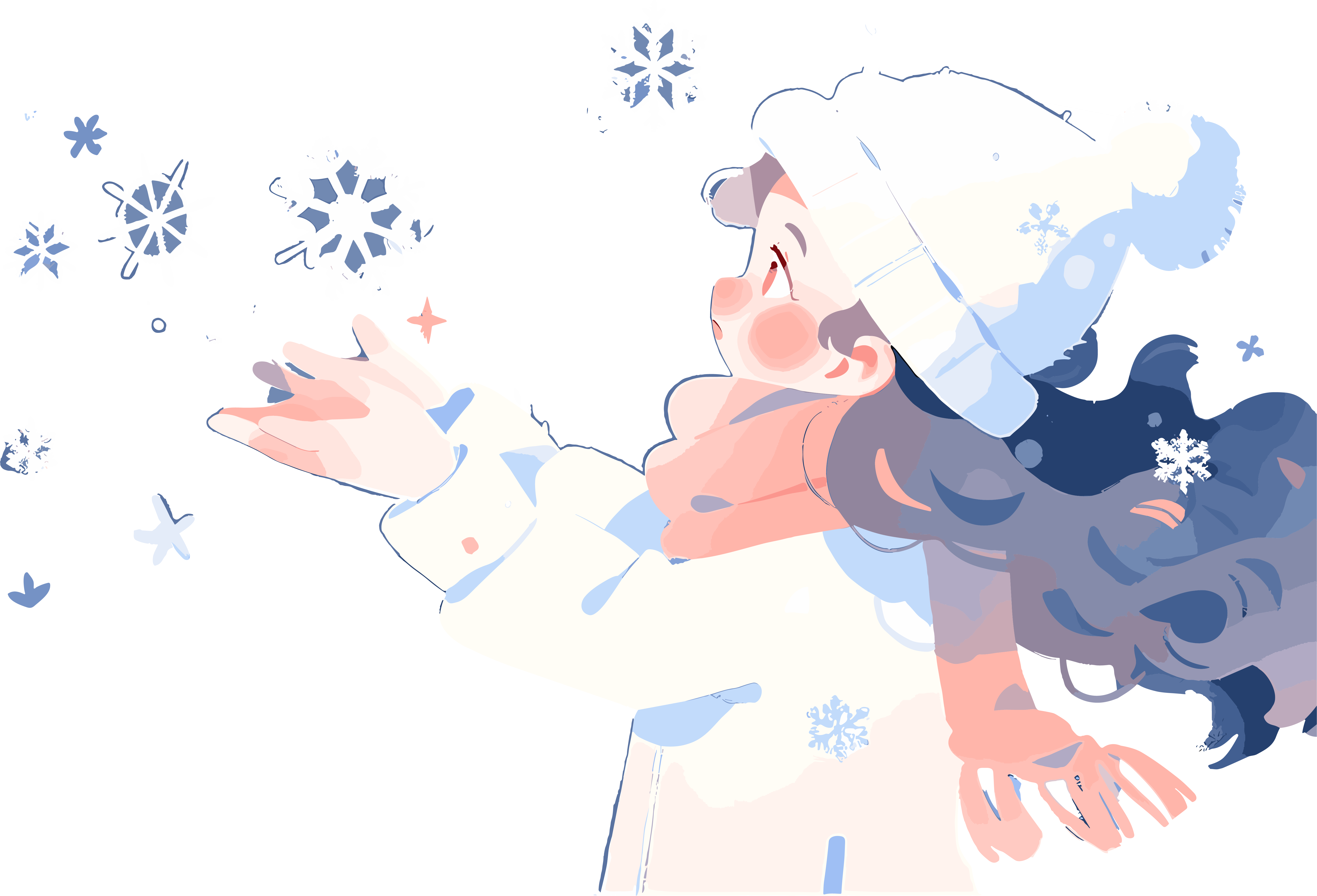 雪景小女孩雪花舞动扁平插画