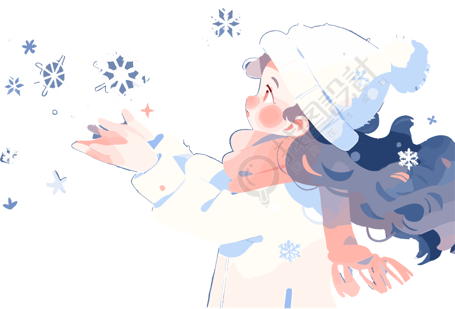 雪景小女孩雪花舞动扁平插画
