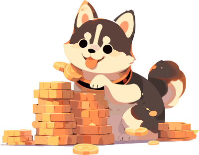 金币旁边的柴犬火木卡通插画素材