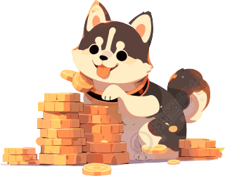 金币旁边的柴犬火木卡通插画素材