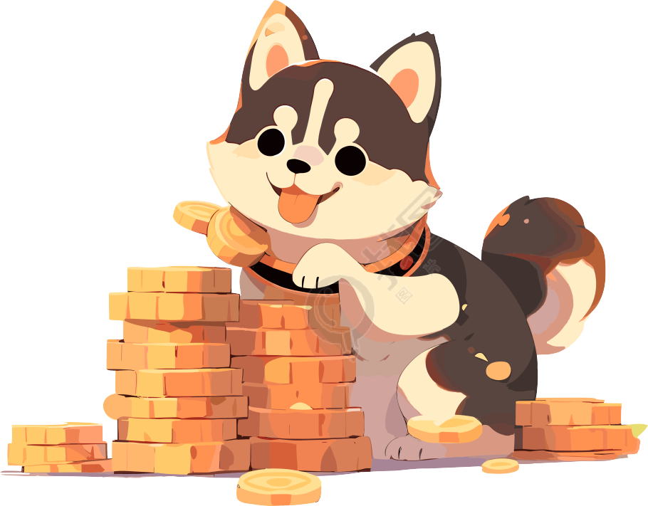 金币旁边的柴犬火木卡通插画素材