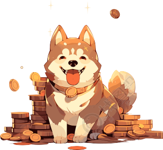 金币旁边的柴火狗卡通插画素材