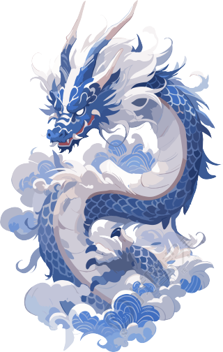 中国龙与蓝白瓷器平面插画
