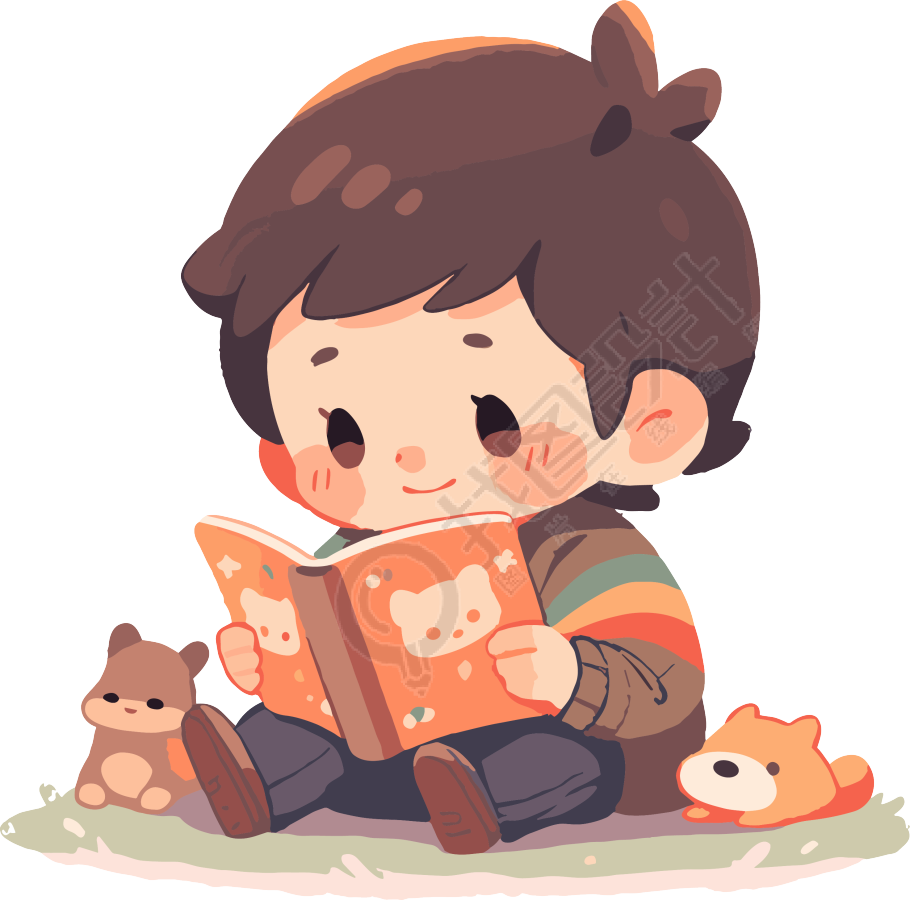 小男孩读书2D图形插画元素