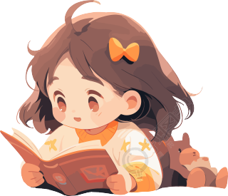 读书小女孩透明背景元素