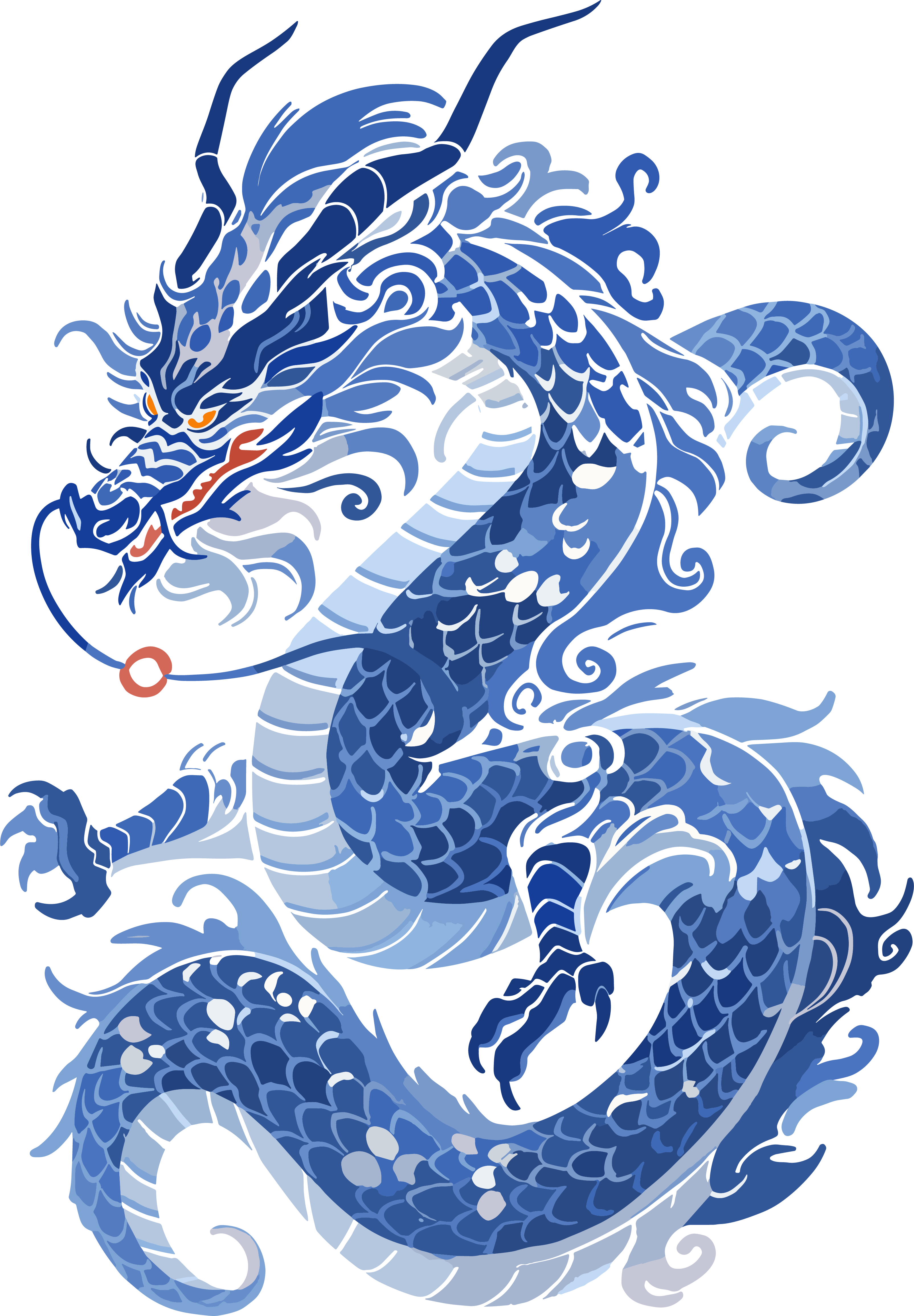 中国龙蓝白瓷画风扁平插画