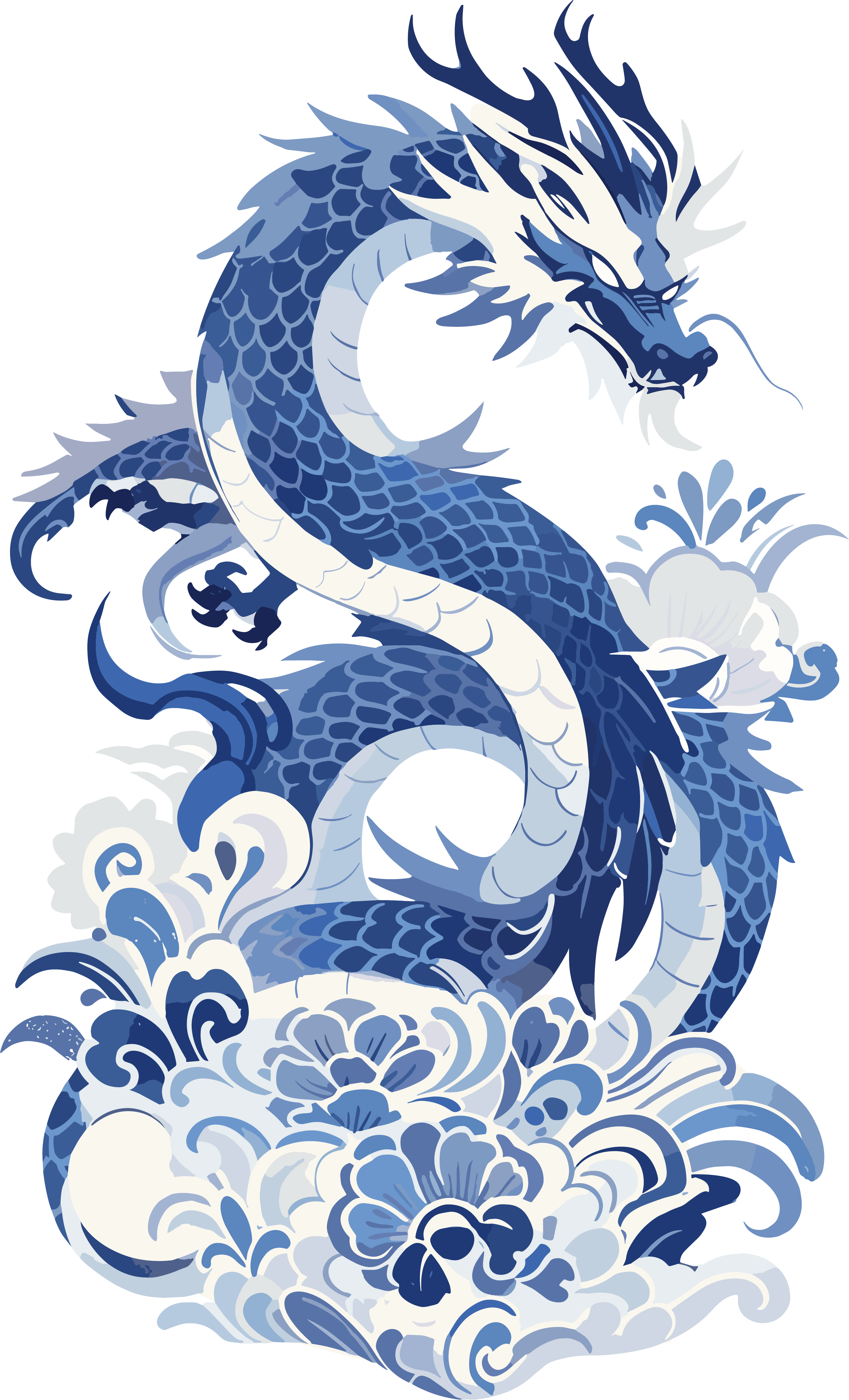 中国龙扁平插图蓝白瓷器素材