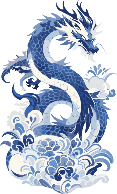 中国龙扁平插图蓝白瓷器素材