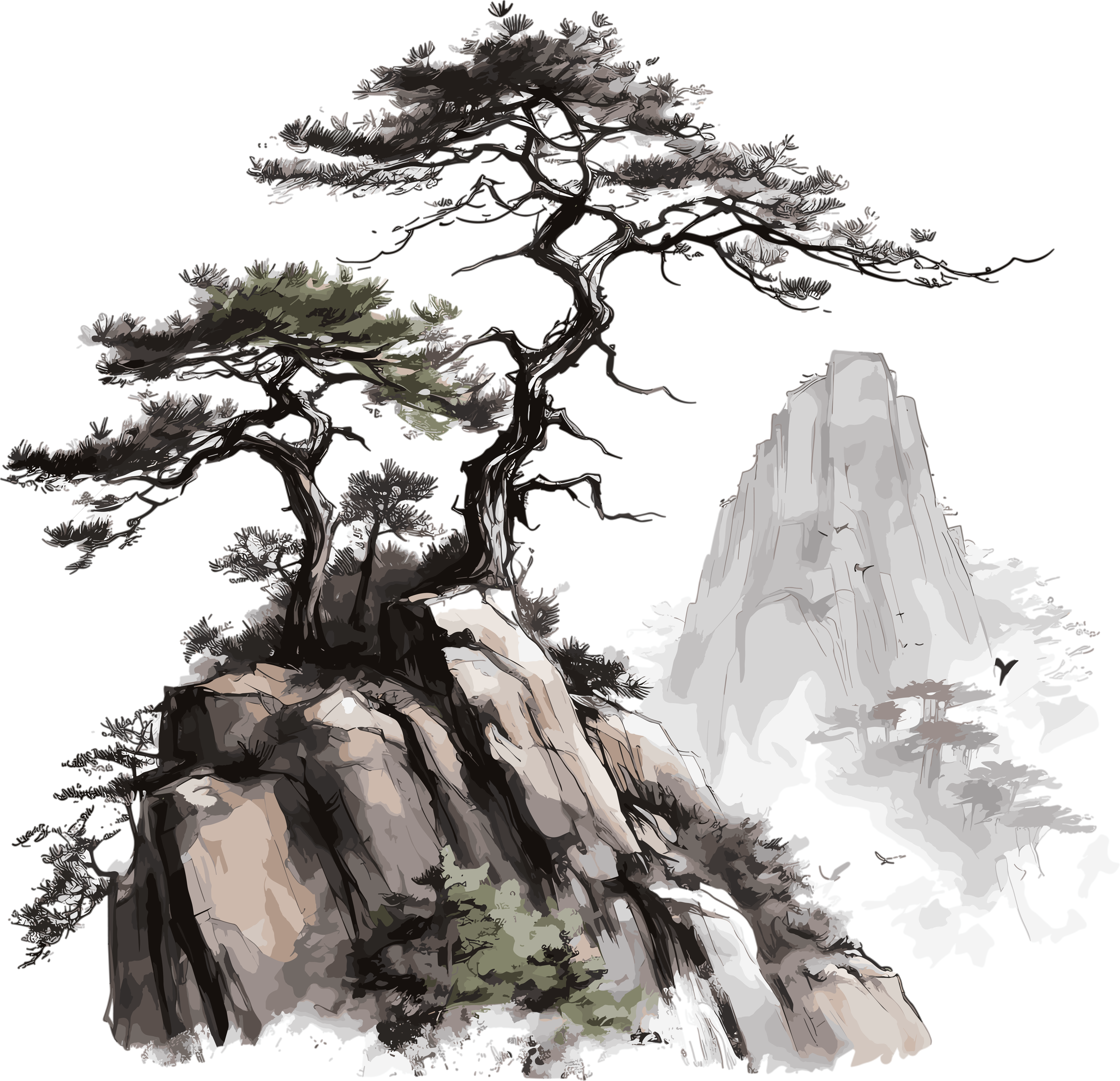 中国风松树山脉悬浮枝叶水墨插画白底图