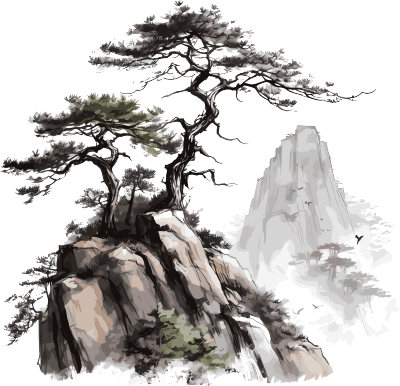 中国风松树山脉悬浮枝叶水墨插画白底图