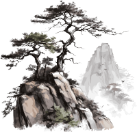 中国风松树山脉悬浮枝叶水墨插画白底图
