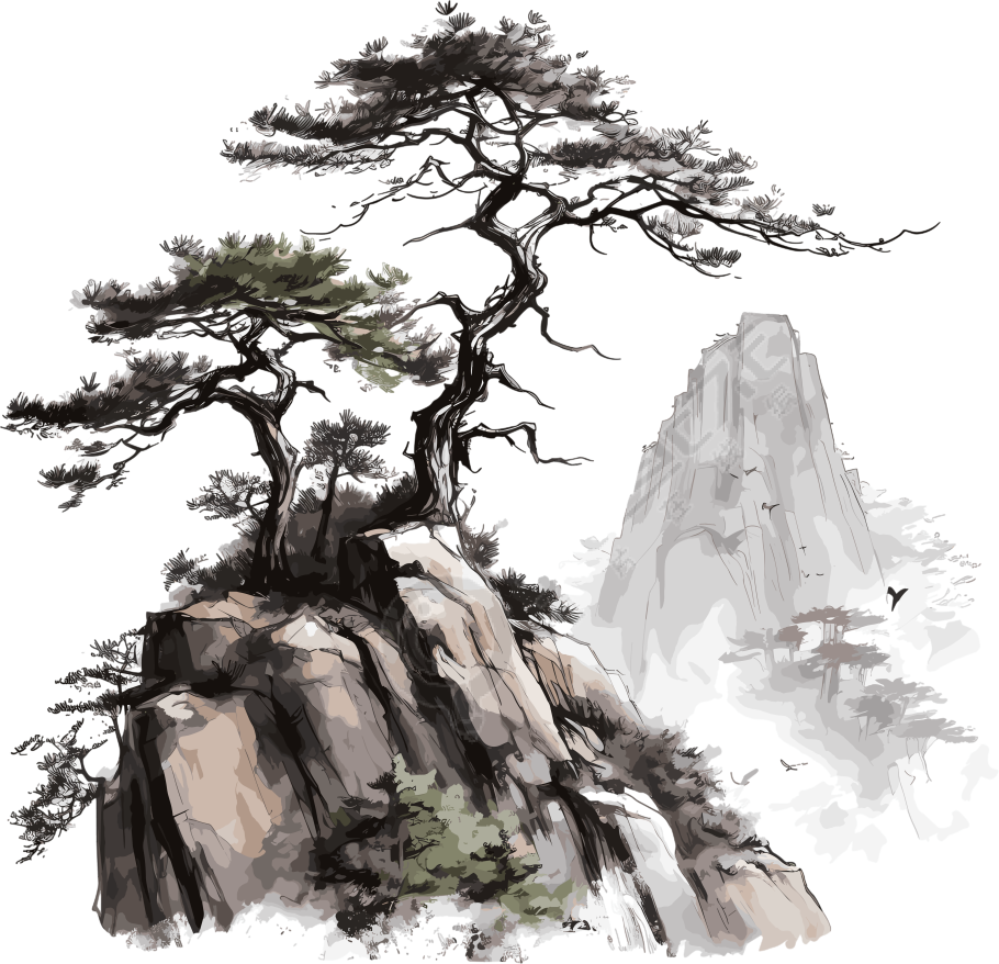 中国风松树山脉悬浮枝叶水墨插画白底图