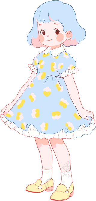 小女孩迷人的蓝裙子插画
