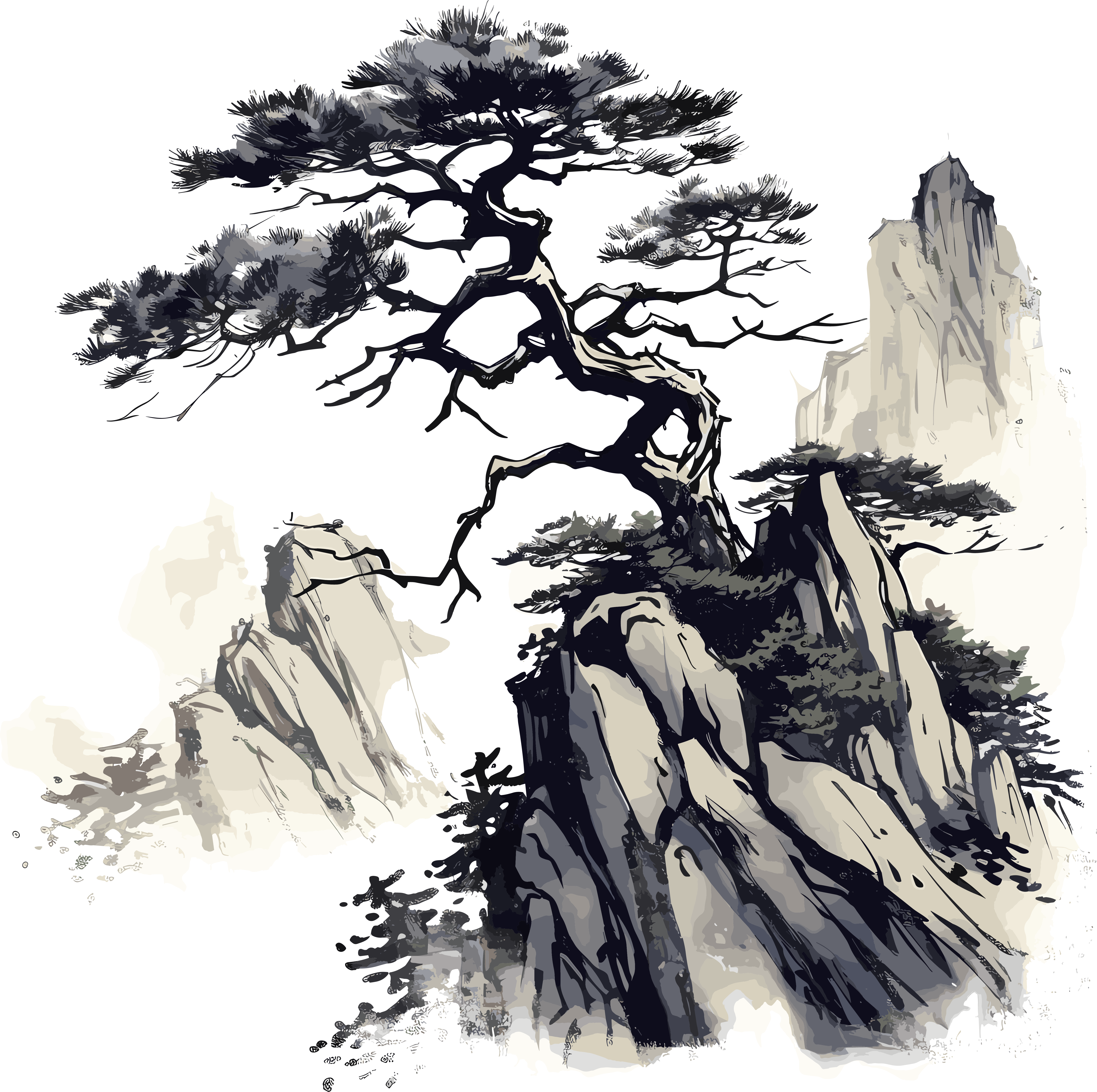 中国风墨水插画白底图