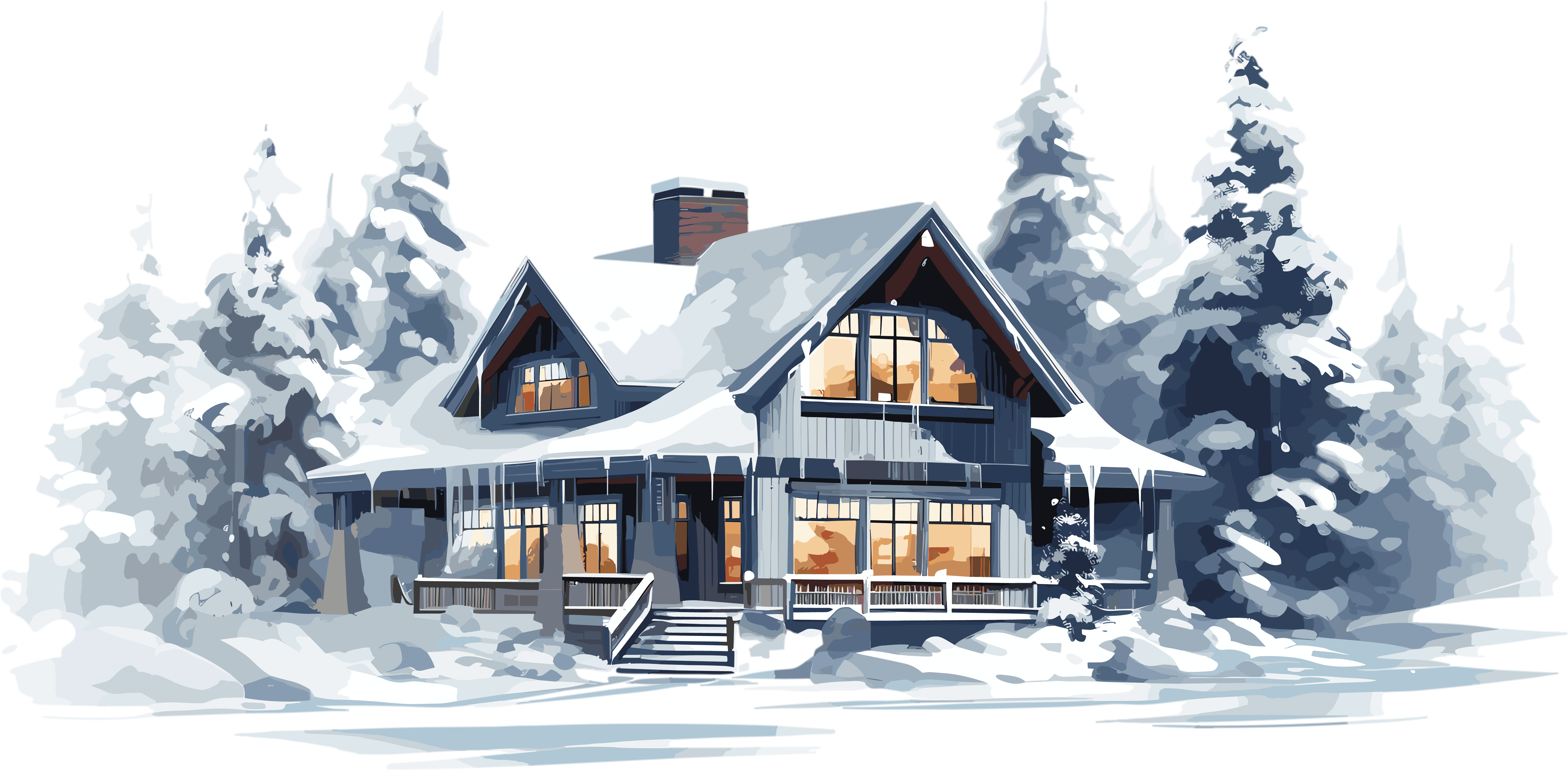 雪地上的宁静小屋2D平面图插画