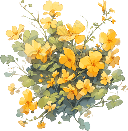 水彩绘画素材黄色花卉与绿色树枝