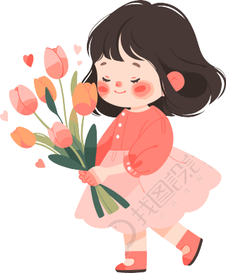 拿着花的小女孩PNG元素