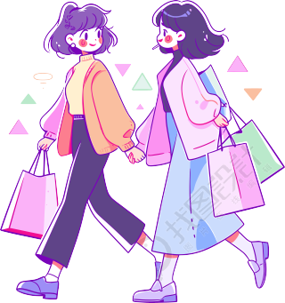 时尚女孩购物彩色插画设计素材
